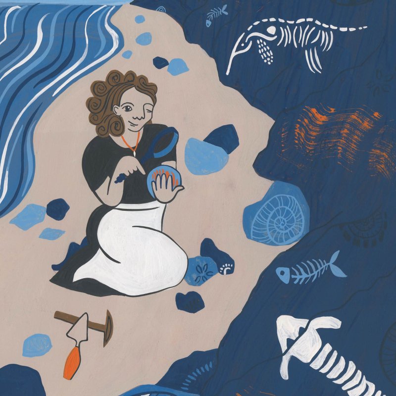 An illustration of woman on beach you can see fossils in the rocks around her and she is looking at rock through a magnifying glass. There is hammer and micro pick (a small pick axe). Artist is BA Illustration Online student Rhiannon Pettite