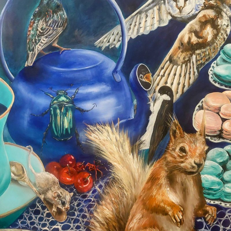 Mural of a squirrel with a blue teapot, owl, mouse and birds