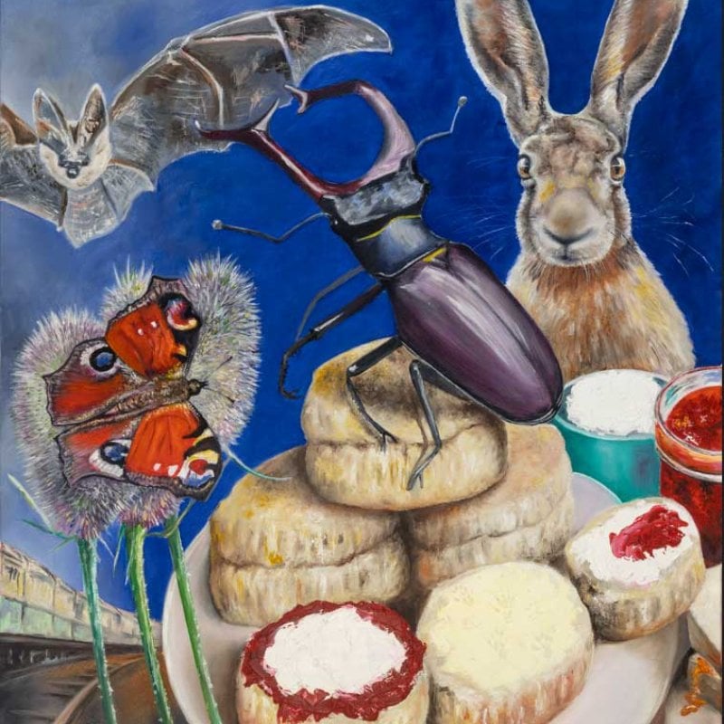 Mural of a butterfly, bat, rabbit and insect on scones