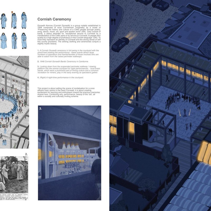 Page from a student's architectural project plans including drawings and descriptions. 