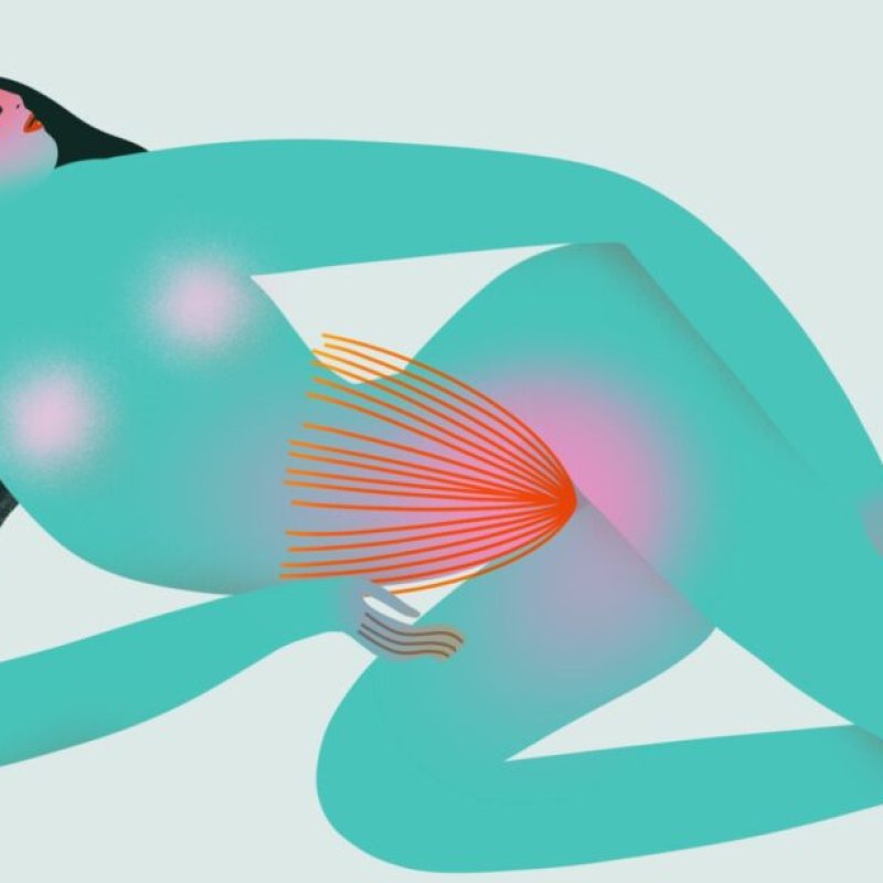 Illustration of a nude women, in blue, with black hair and pink accents to highlight the pain of Vulvodynia.