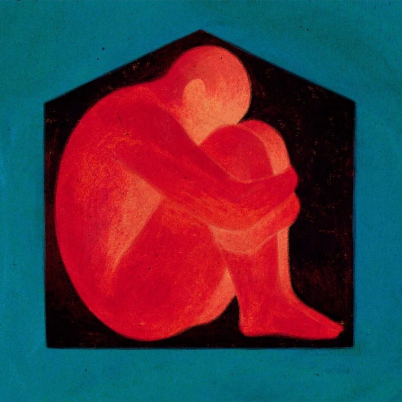 Illustration of a red person curled up inside of a black house-shaped box, with teal background surrounding it.