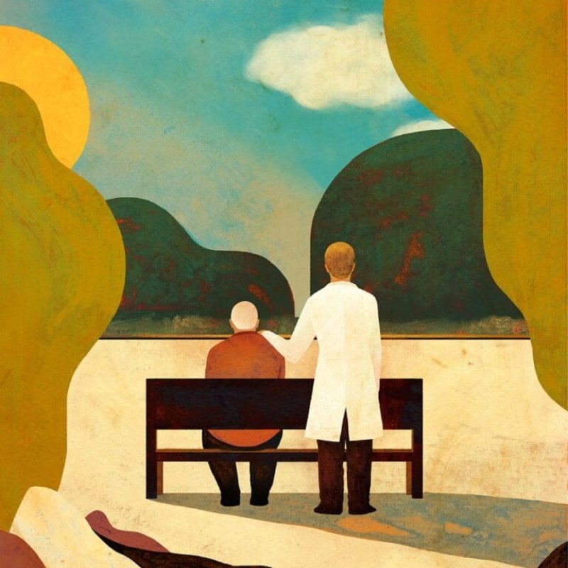 Magazine cover illustration showing person sat on a bench in a park with another person standing behind them wearing a doctor's coat 