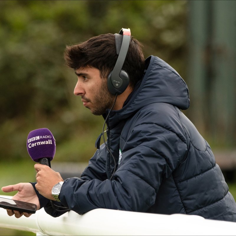 Falmouth University Journalism student reporting for BBC from Mousehole AFC