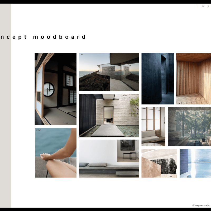 a moddboard of six images showing materials and textures in grey, nude, white and blue tones.