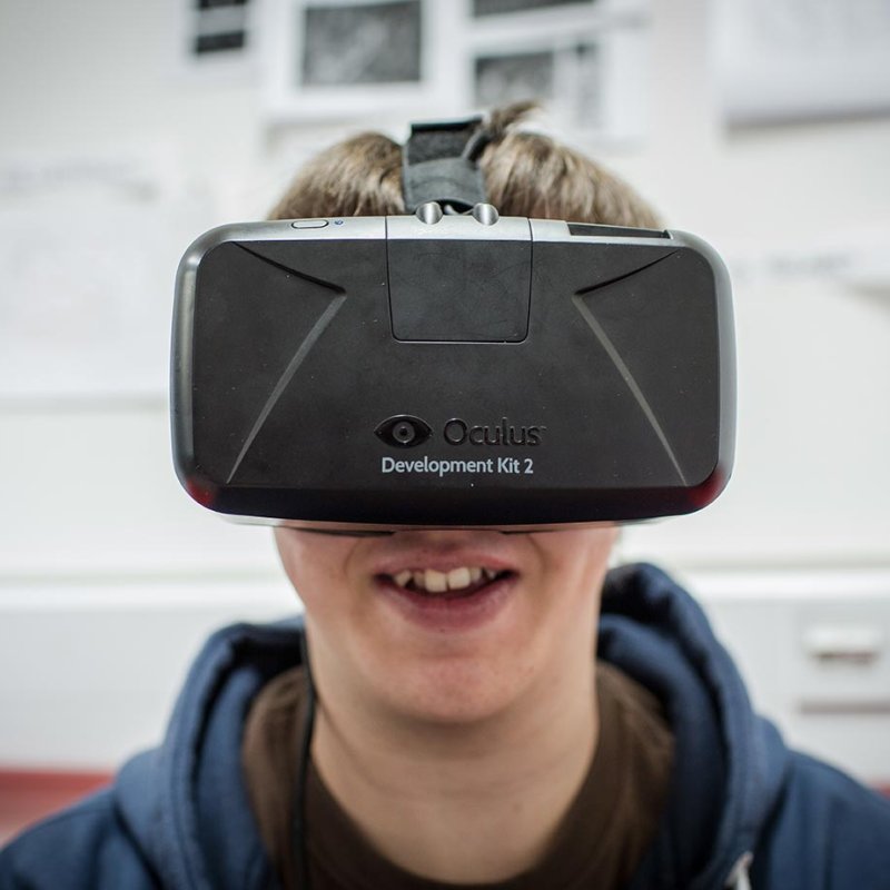 Falmouth University student wearing a virtual reality headset