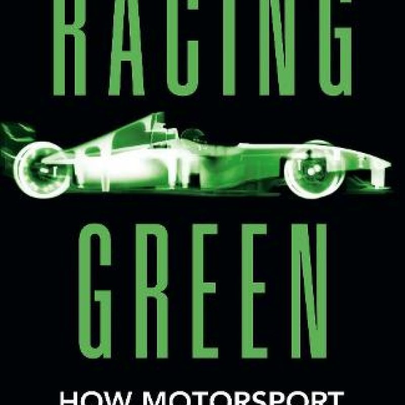 Black book cover with the words 'Racing Green' written in green, and a green and white illustration of a racing car.