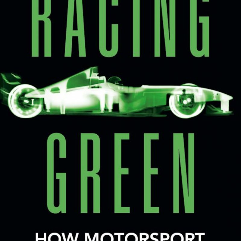 Book cover for Racing Green - the words are in green, with a green racing car planed between them