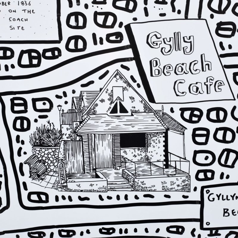 Crop of Falmouth University's Red Bull Doodle Art mural featuring Gylly Beach