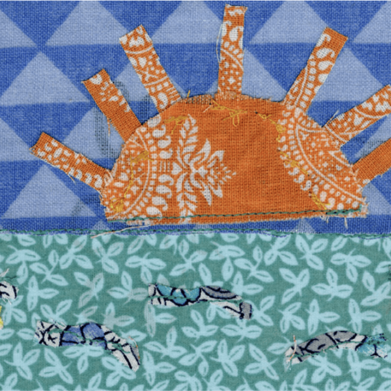 Textile illustration of a sun on a horizon with sea and fish below