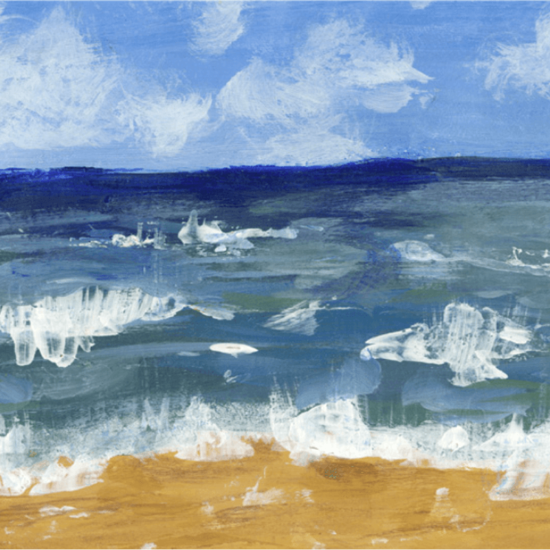 Painting of waves crashing on a sandy beach