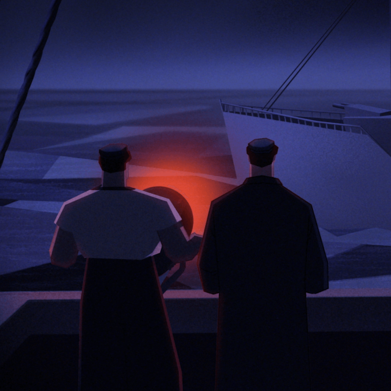 Still from short animation Middle Watch: view of two men on a boat shining a light at an oncoming ship
