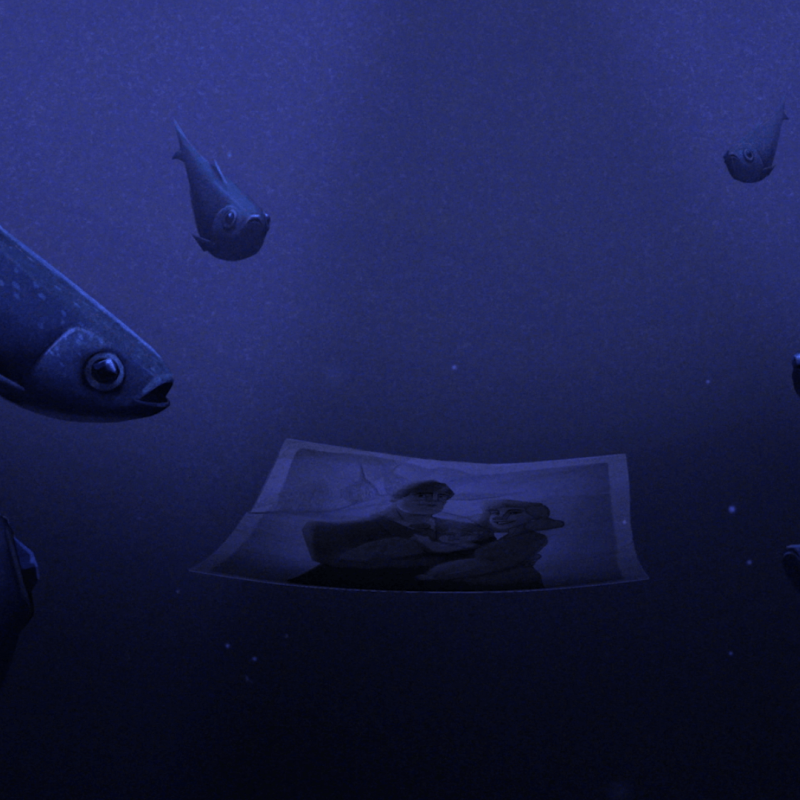 Still from short animation Middle Watch: photo sinking into the sea surrounded by fish