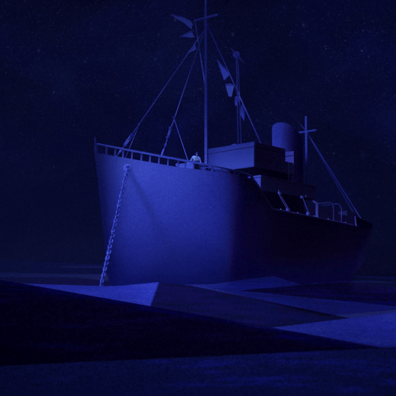 Still from short animation Middle Watch: large ship anchored at sea at night