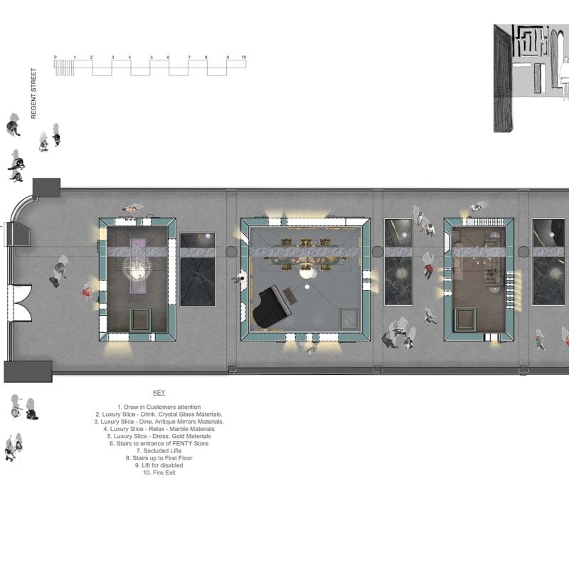 Floor plan of a luxury restaurant by Falmouth University Interior Design student