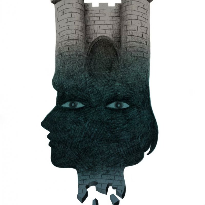 Abstract art; the top half of a face evolves into a castle. The neck, which is made of bricks, is crumbling at the base