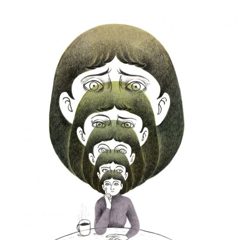 An illustration portraying anxiety; a woman sits drinking a coffee. Behind her are several larger versions of her own head, with increasingly worried looks on their faces