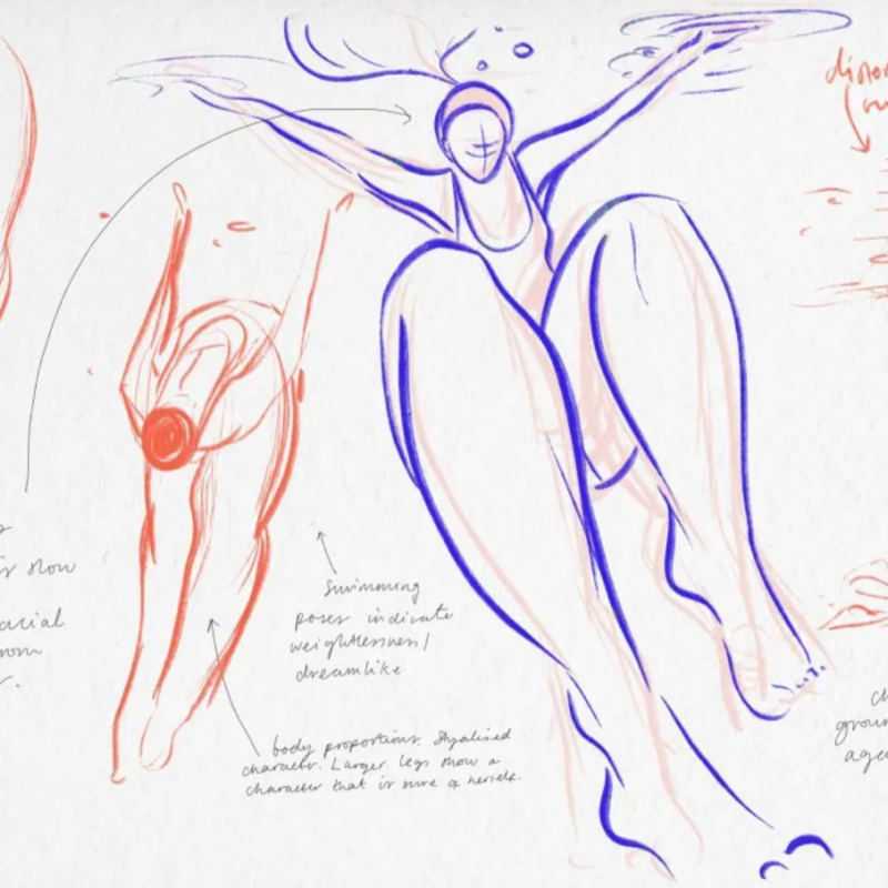 Sketchbook pages with illustrations of swimmers