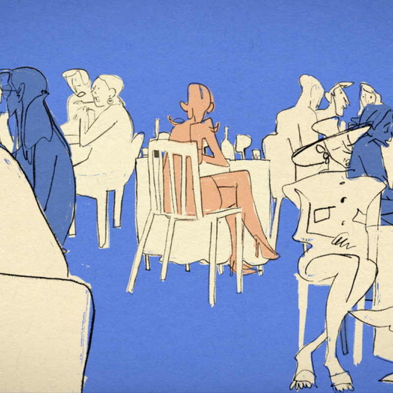 A drawing of people in a bar