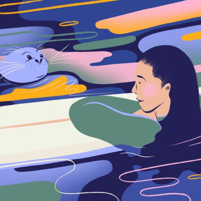 An illustration of a woman and a seal 