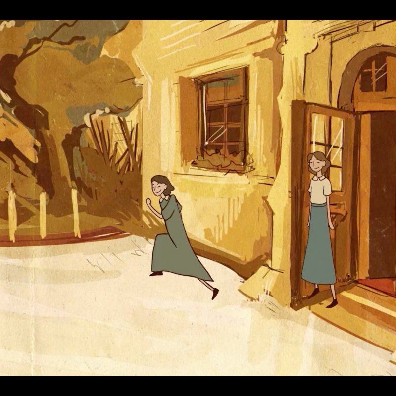 Animation: a student skips joyfully out of a school