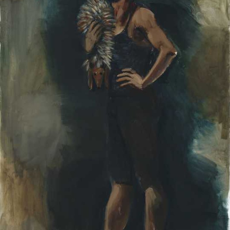 Painting of a person standing up and posing with solitaire cards