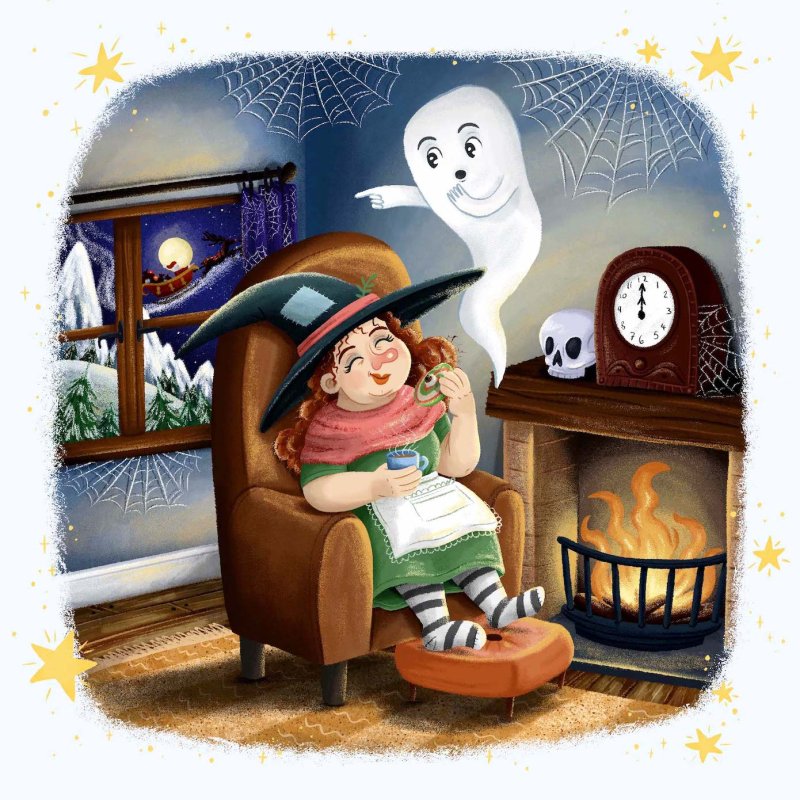 Illustration of a witch sitting in a chair by a fire with a white ghost