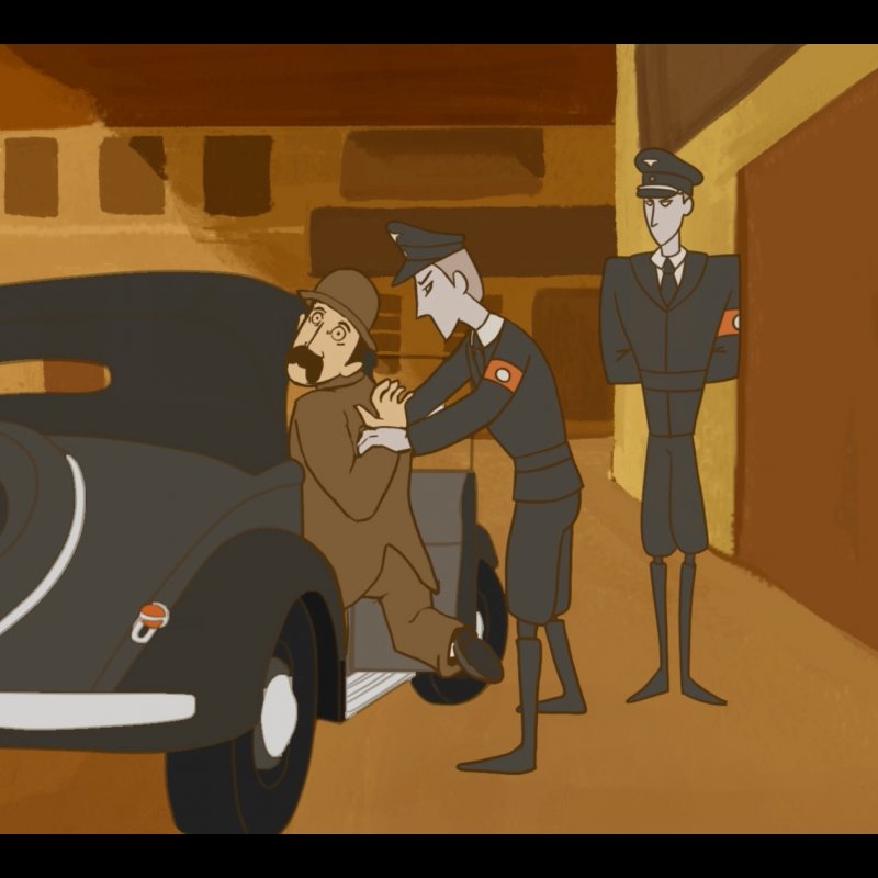 Animation: a man is bundled into a car by Nazi officers