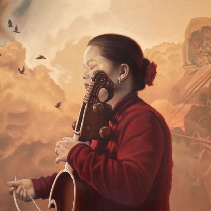 A painting of a woman against a backdrop of mountains 