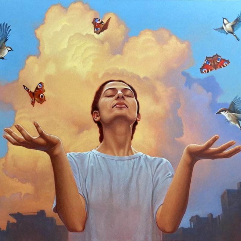 An oil painting of a woman and some birds