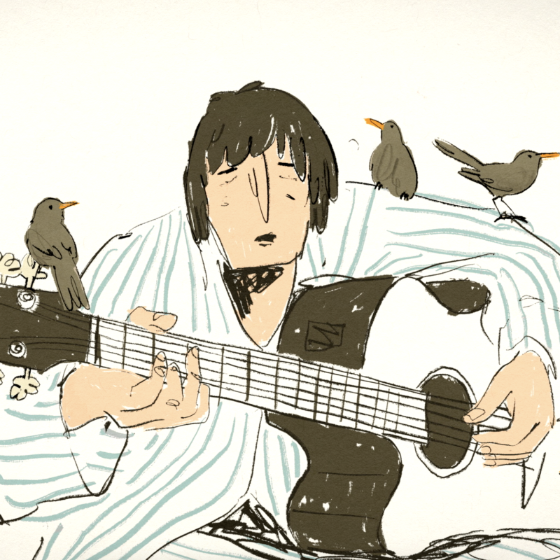 A drawing of a man with a guitar