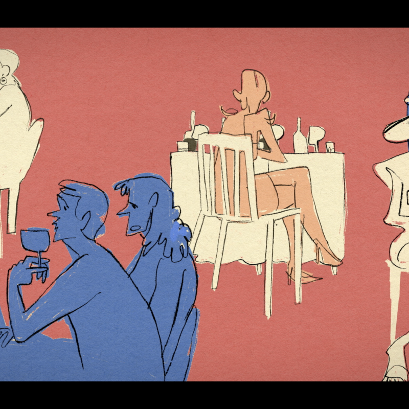 A drawing of people in a bar