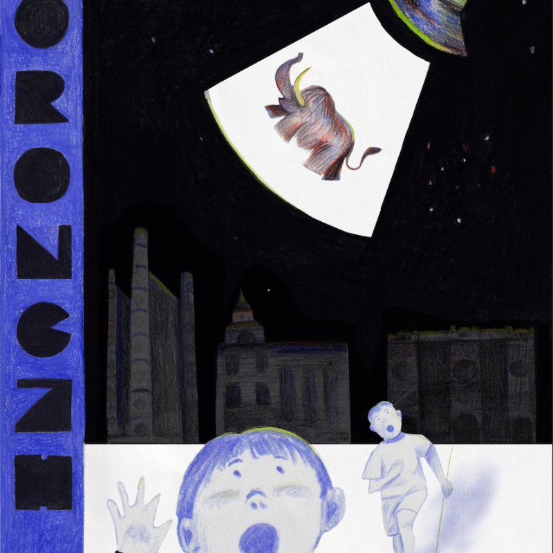 A coloured pencil illustration of a UFO abducting an elephant with two people looking shocked with their mouths open and one running underneath. Artist is BA Illustration Online student Yulia Shchelkunova