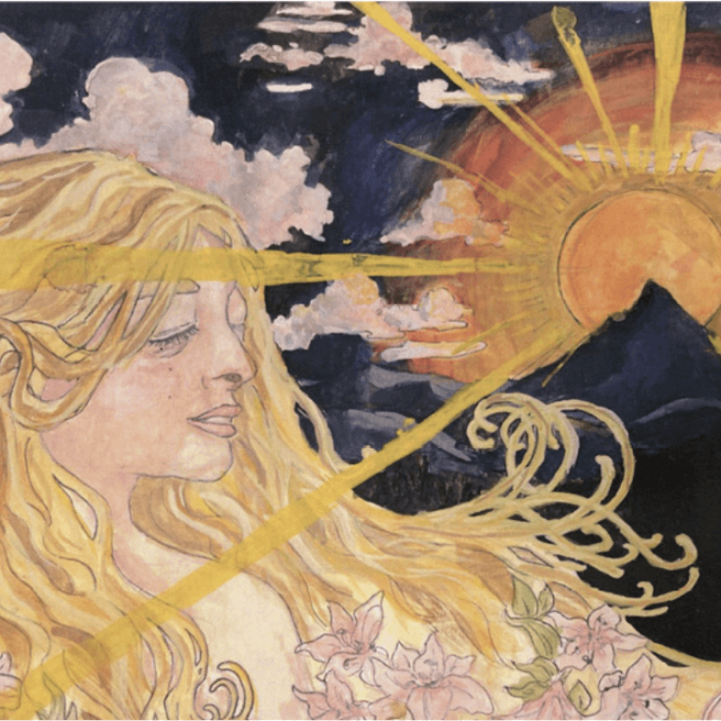 Illustration of a girl with long blond hair in front of a mountain, sun and clouds