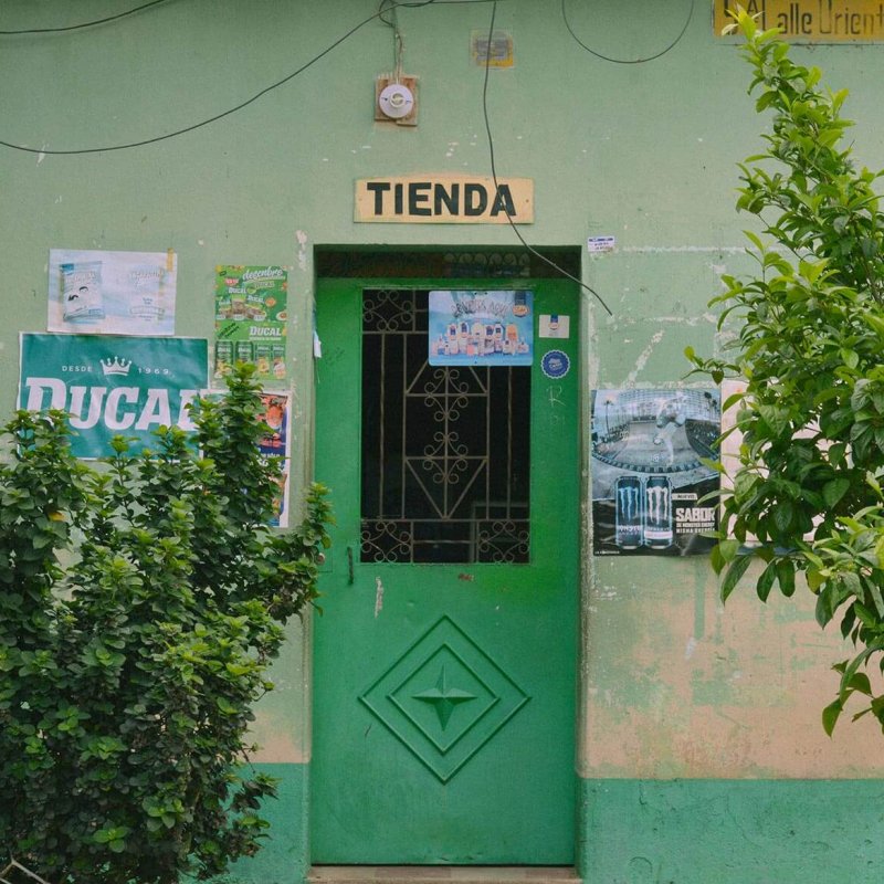A photograph of a green door