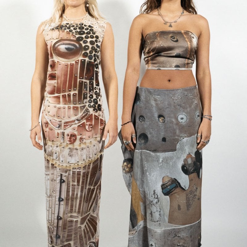 Two models wearing dresses created by Textile Design student
