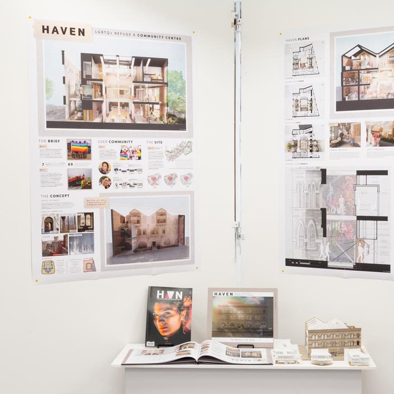 Interior Design student work on display on a white wall