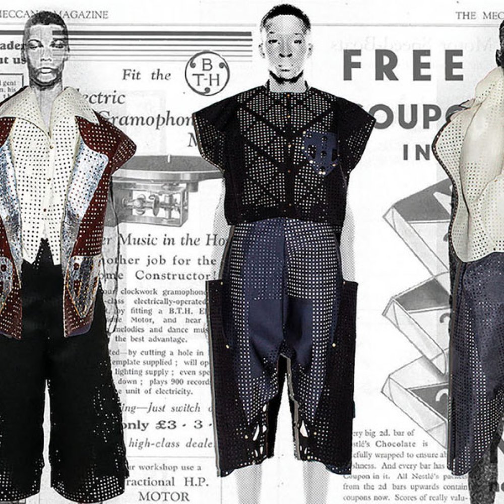 Drawing of three men wearing netted clothing with a newsprint background