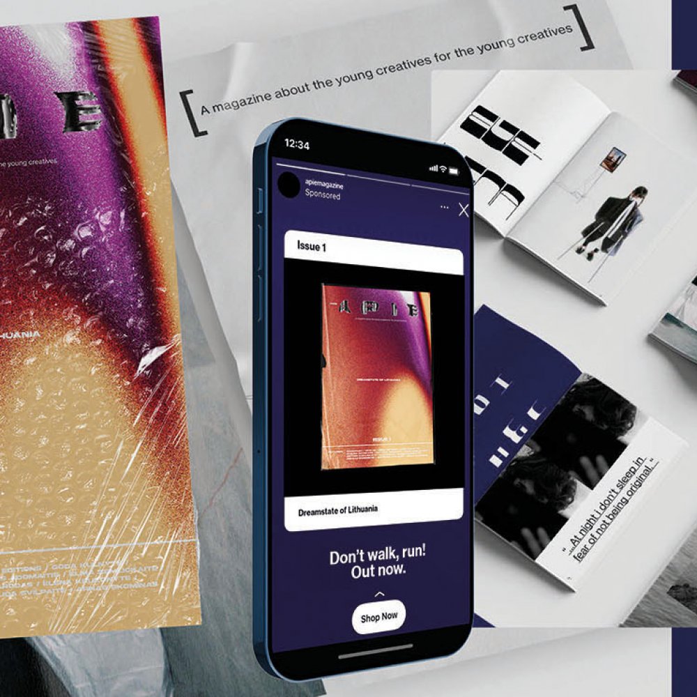 Mobile phone and magazine spread with red and orange background