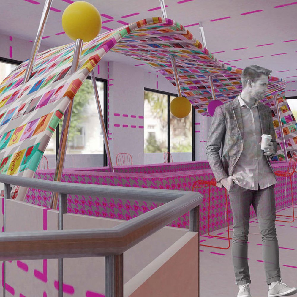 Two figures walking with coffee cups through digital interior