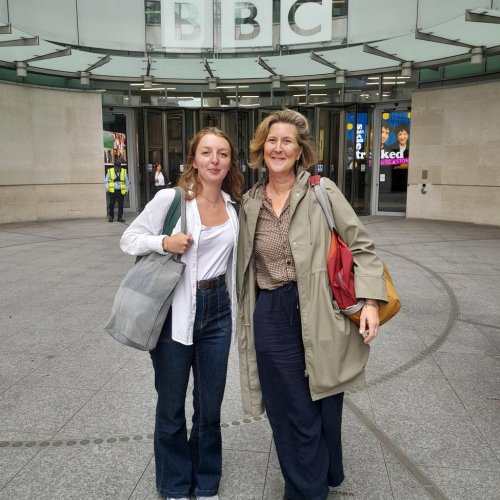 Two Falmouth University students standing outside BBC London