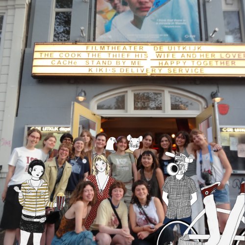 Group of students outside cinema with illustrations incorporated throughout picture
