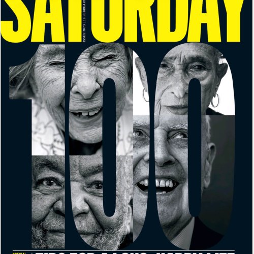 Guardian Saturday magazine cover of elderly people's faces in the shape of 100