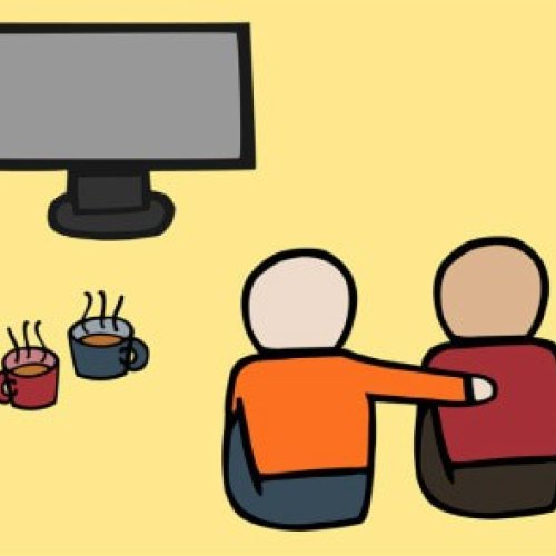 Illustration of one person sat with their arm around another, with cups of tea watching TV.