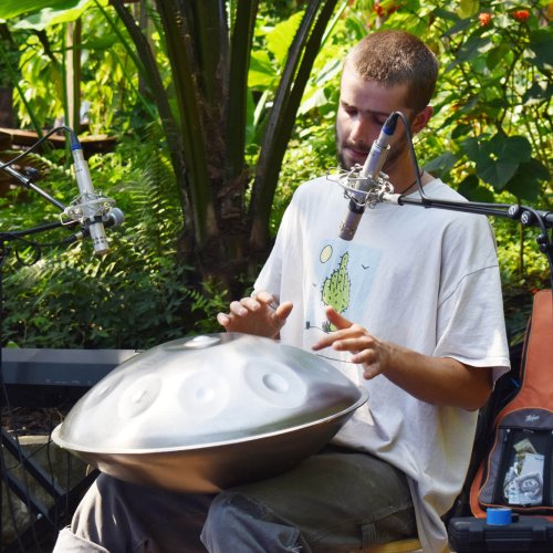 A young man playing a metal instrument surrounded by plants