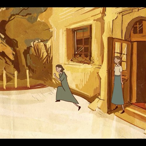 Animation: a student skips joyfully out of a school