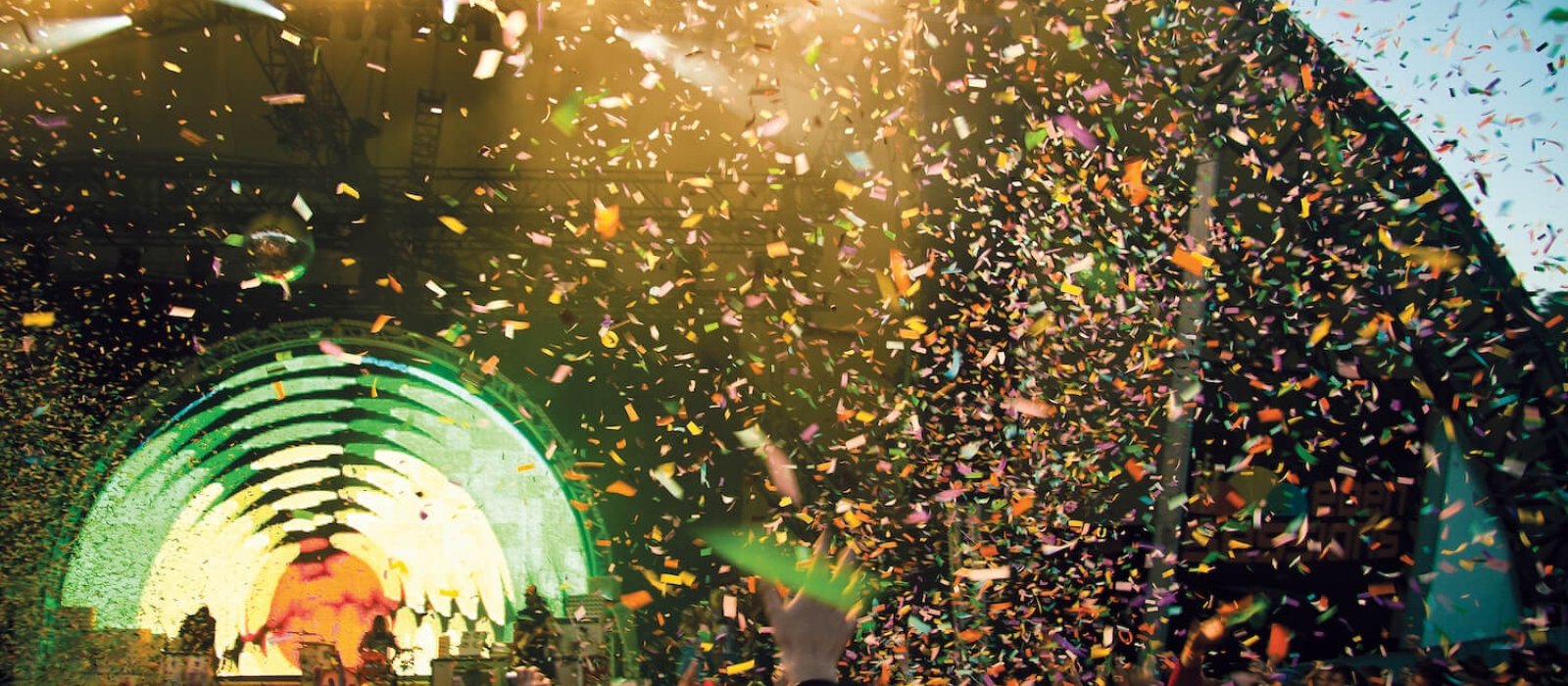 Dome stage at the Eden project, confetti flying through the air at a Flaming Lips gig.