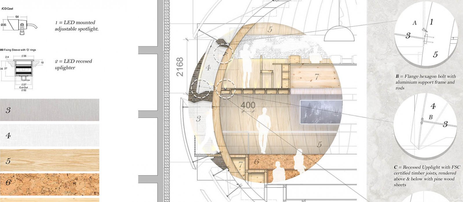 Interior Architecture portfolio work of a cross section of space and materials