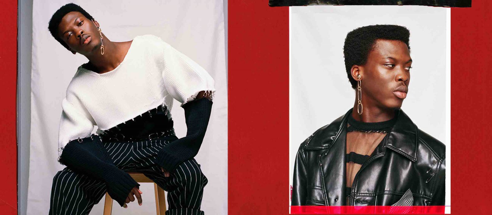 Model in two tone jumper and black leather jacket on red background.