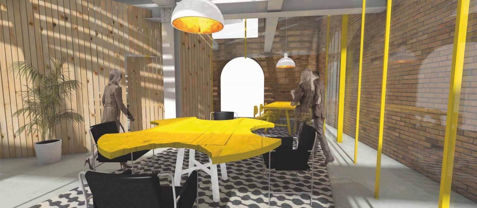 Digital artwork of interior with yellow table and black chairs with wooden and brlck walls
